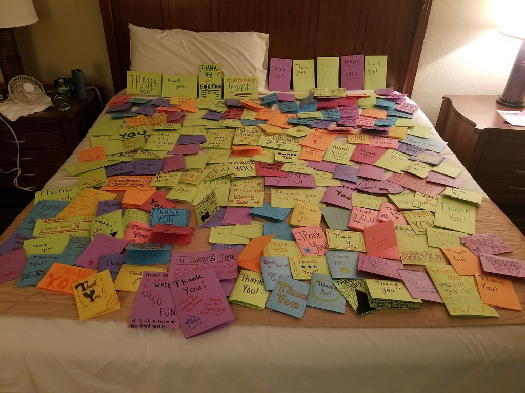 Oakmont_StuCo's tweet photo. Hey MASC, these are the cards you made today to show gratitude to the hotel staff and polar plunge bus drivers. Without these unsung heroes our conference wouldn't exist! Thank you RCCH and Cape Codder! Thank you MASC! @MA_StuCo #gratitudeattitude #masc2020 https://t.co/WANGHX2zAH