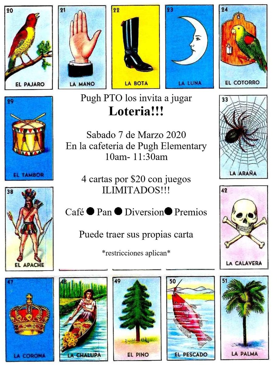 PughRamsPTO's tweet photo. Join us this Saturday.
🐓 Loteria 🐓
@PughRamsPTO @PughRamsHISD  @Pugh_ES https://t.co/nF8RN0ibFb