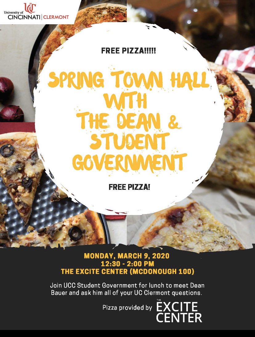 UCC Student Government Spring Town Hall on Monday March 9th with Dean Jeff Bauer  <a href="/ucclermont/">UC Clermont College</a> <a href="/UCClermontDean/">Jeff Bauer</a>  <a href="/UCCTechClub/">UCC Technology Club</a> <a href="/ClermontProf/">Greg Sojka</a> 
Preregistration on Campus Link campuslink.uc.edu/actioncenter/o…