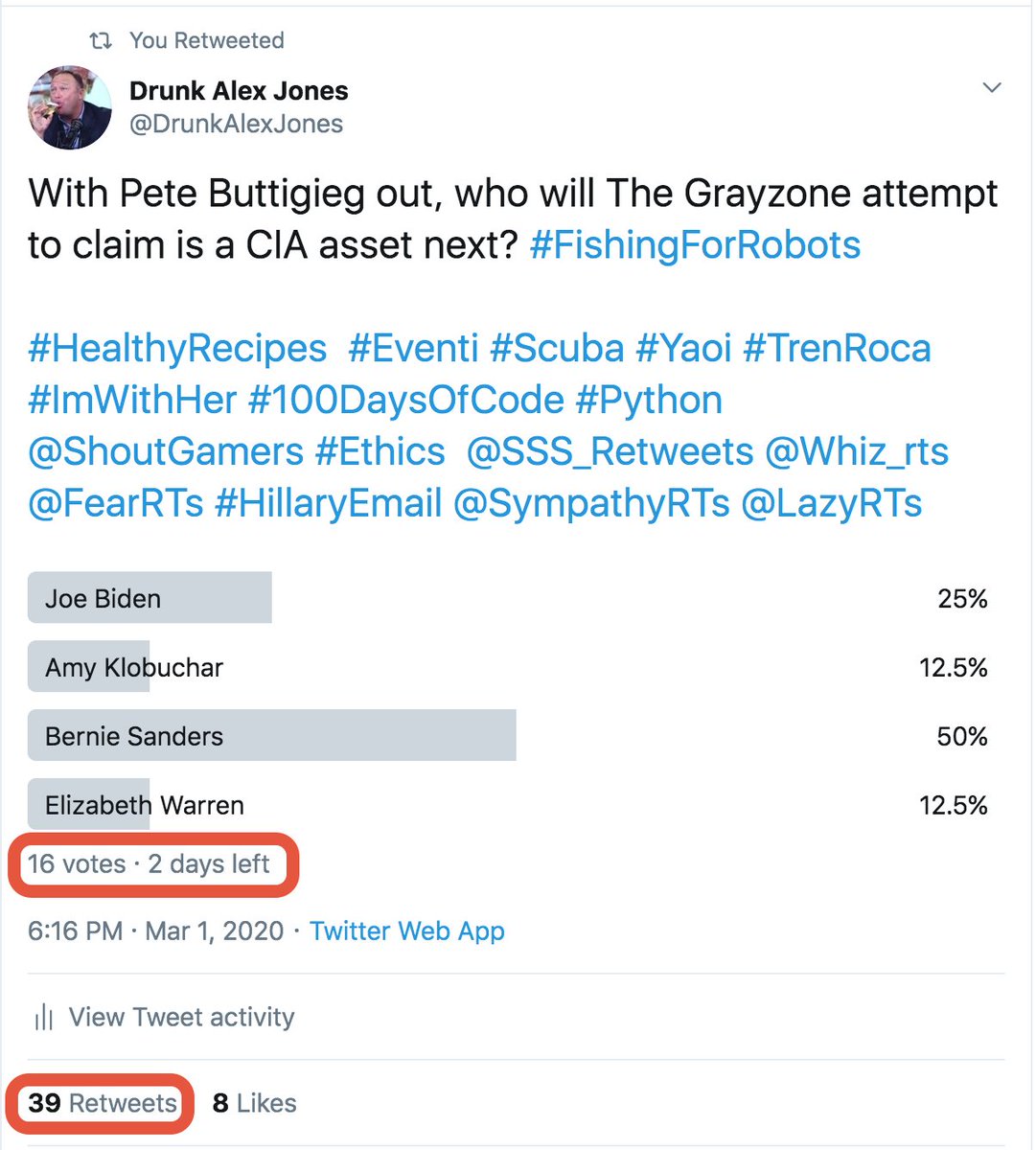 Thus far, this poll is giving new meaning to the term "ratioed" with over twice as many retweets as votes. cc:  @ZellaQuixote  https://twitter.com/DrunkAlexJones/status/1234301553726627840