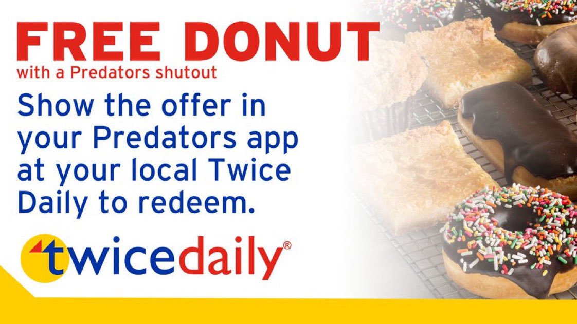 PredsNHL's tweet photo. 🍩🍩🍩🍩🍩🍩🍩🍩🍩🍩🍩🍩

That’s a shutout for the #Preds !

Thanks to Juice, head to a Middle TN 
@TwiceDailyFresh location tomorrow to pick up your free donut! https://t.co/L2kwQGZGfH
