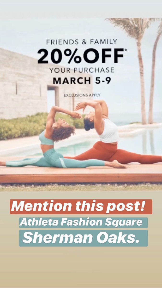 Where are my #Athleta clothing fans? Sharing my friends & family discount for Athleta in Westfield Fashion Square in #ShermanOaks! Just show them this post (in-store only) & you’ll get the discount. *Good from now until the 9th* AD #AthletaPartner #SFV #WestfieldFashionSquare
