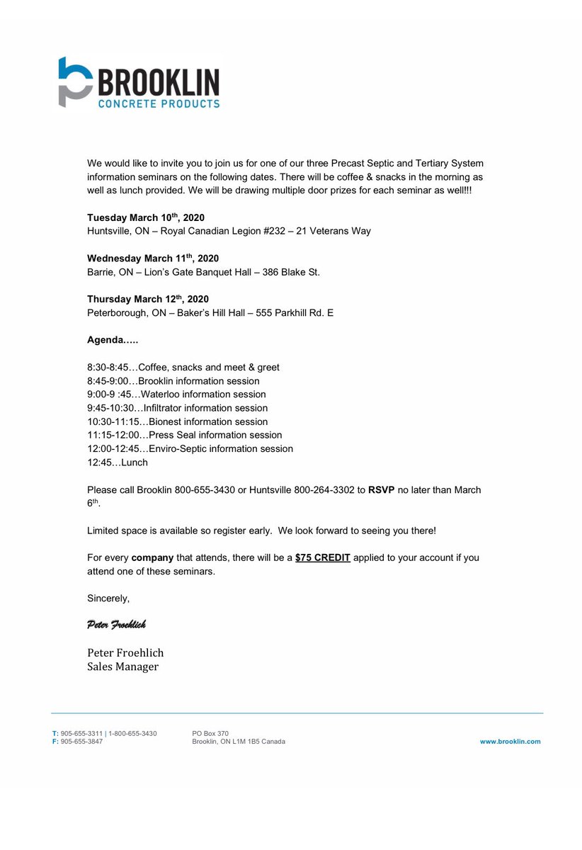 Attention anyone in the #septic industry. Brooklin Concrete is hosting 3 seminars next week. 

Mar. 10 Huntsville 
Mar. 11 Barrie
Mar. 12 Peterborough 

Please RSVP to attend. 

Door prizes, food and a $75 credit to your account for attending.