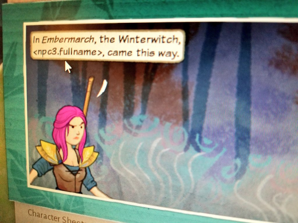 crowfleo's tweet photo. @wildermyth Just noticed this minor placeholder typo error here. Nothing crazy or game breaking by any means, and promise I'm only trying to help by showing. Thank you. https://t.co/QMjDpT2IsG