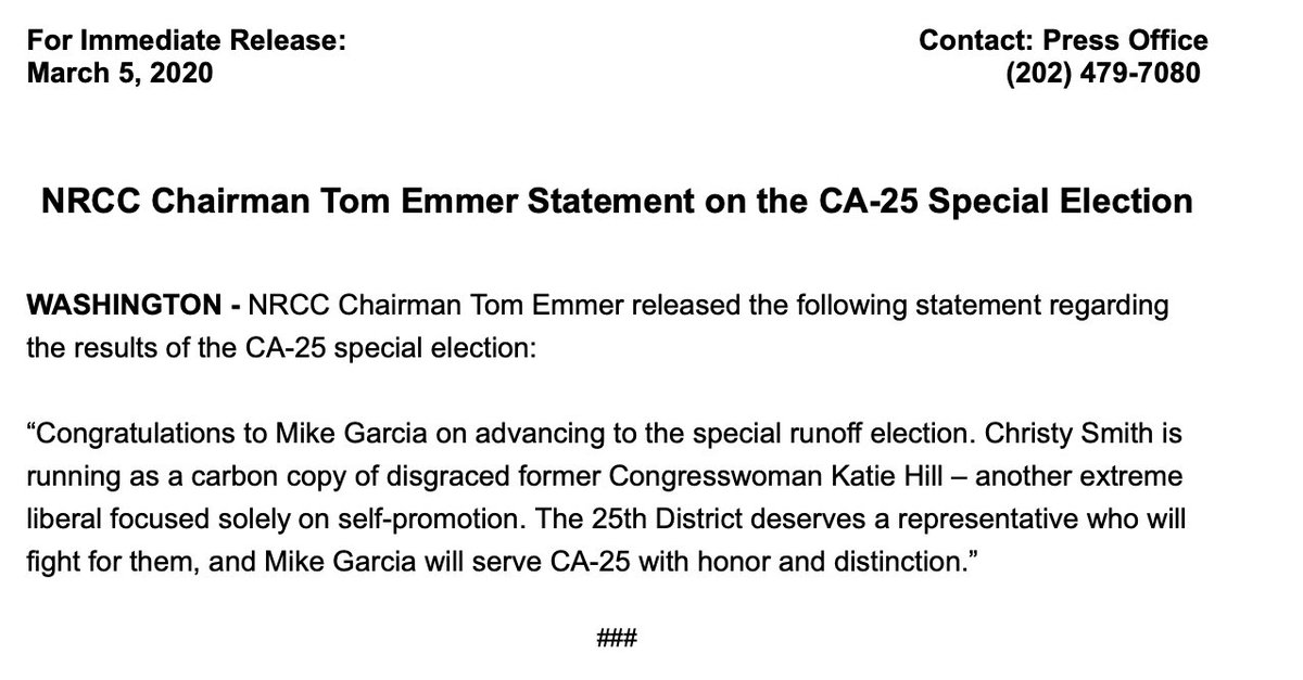 NRCC Chairman @tomemmer Statement on the CA-25 Special Election: