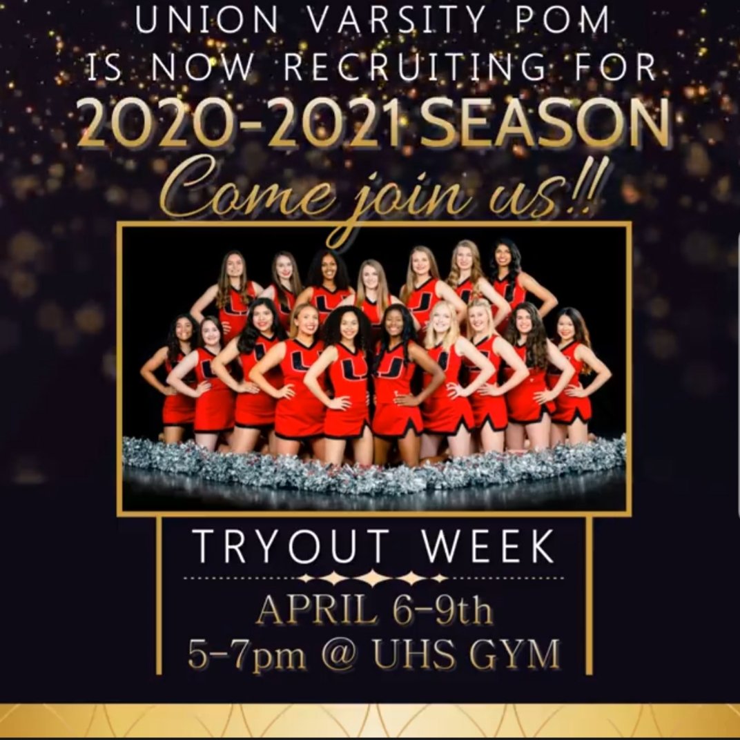 UnionPom's tweet photo. COME JOIN UNION POM!!  The mandatory Pre-Tryout Meeting will be on Monday, March 30th at 6pm at the UMAC Redskin Room! #unionpom #dancedancedance #fridaynightlights #statechamps https://t.co/jiy4Bcje5l