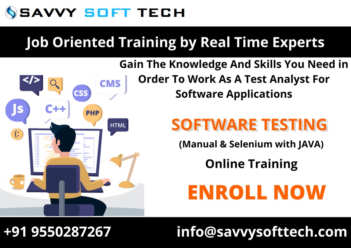 soft_savvy's tweet image. #SavvySoftTech starting New Online Batch of Software Testing Manual &amp;amp; Selenium with JAVA , Learn from the industry best Trainers for more details reach us at +91 9550287267.
For Registration: forms.gle/x9gAtr3TtN9i4E…

#softwaretesting #testing #testingtraining #seleniumtraining