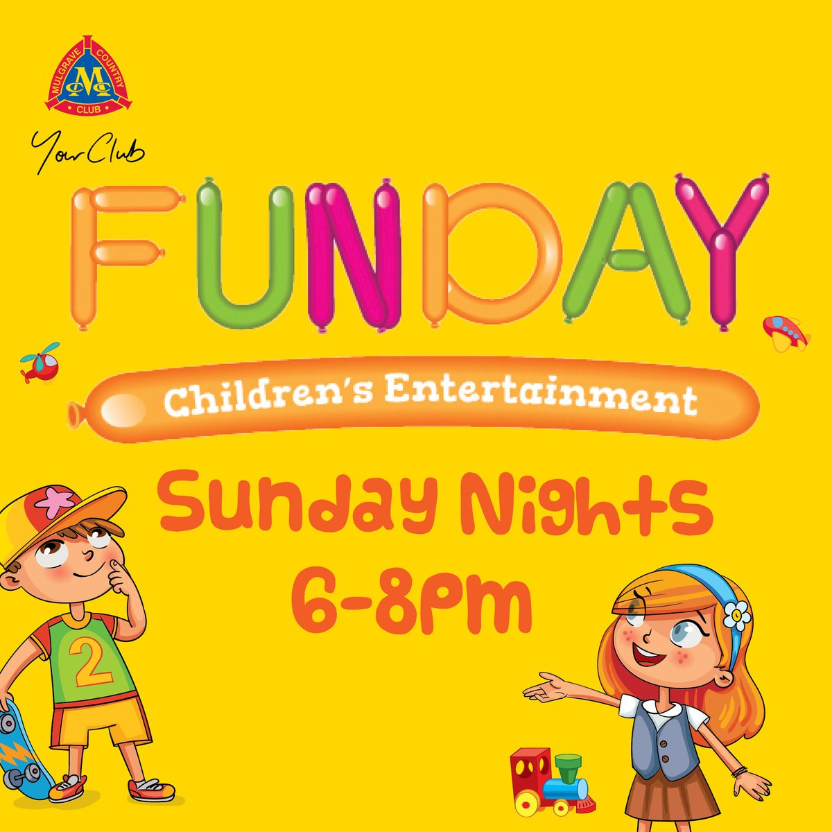 #Sunday is #Funday at the #MulgraveCC! Join us between 6pm – 8pm for some children’s entertainment, fun for the whole family. #YourClub