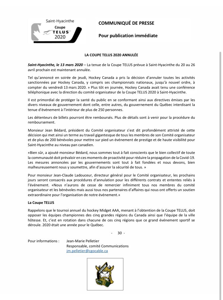 COMMUNIQUÉ COUPE TELUS ⬇️