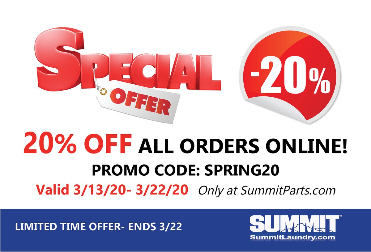 Summitparts's tweet photo. 20% OFF ALL ONLINE ORDERS w/Promo Code! Shop Now
https://t.co/LiV0LurULP
#laundryparts #Sale #PromoCode #washers #dryers #laundromat #commercialLaundry #washerparts #onlineshopping https://t.co/ip8lFZJQEM