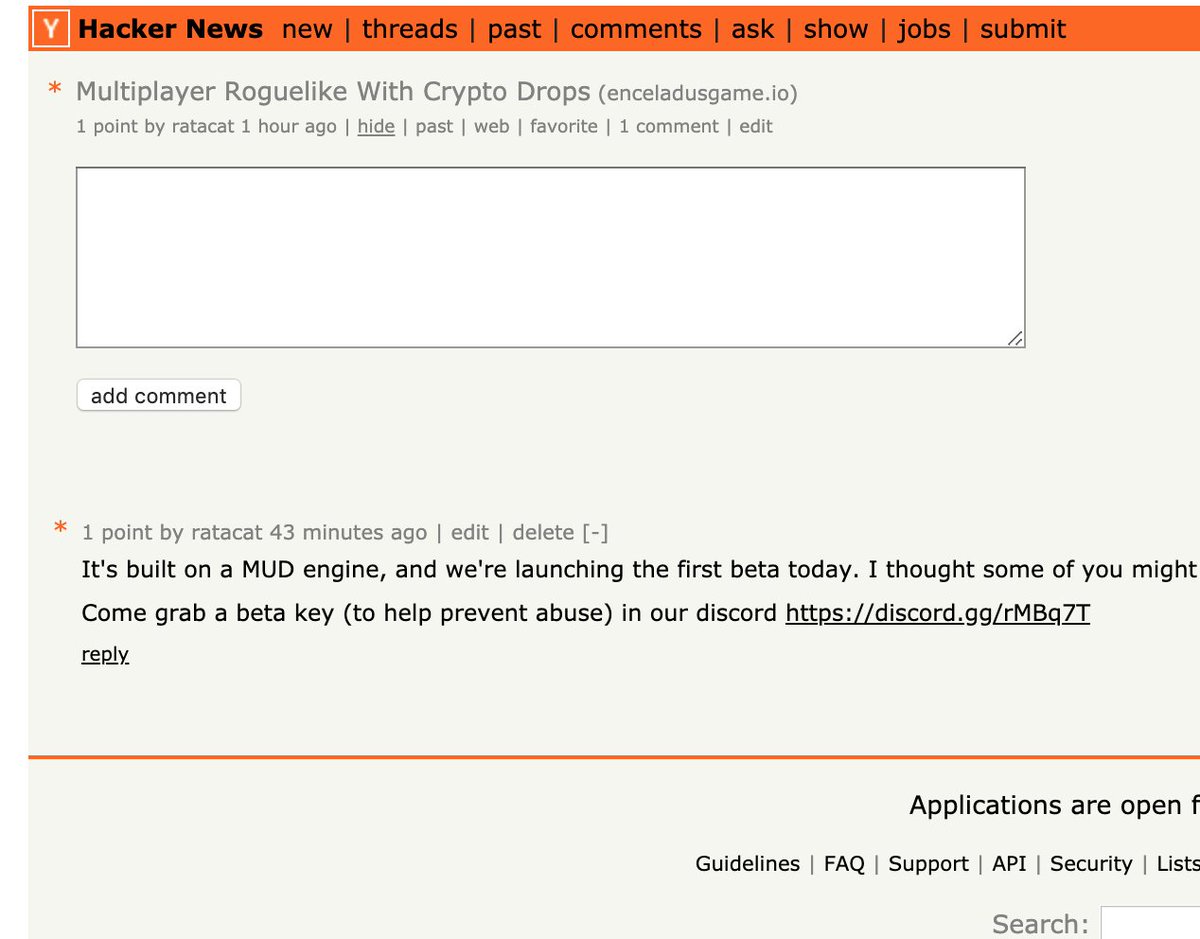 HEY!  YOU!  Are you on hacker news??
Give us some love!  
news.ycombinator.com/item?id=225671…

Thanks. 
#HackerNews #gamedev #Nodejs