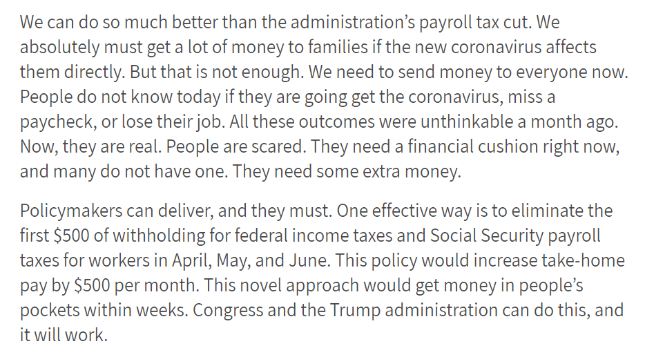 Claudia_Sahm's tweet photo. WE KNOW WHAT TO DO. DO IT NOW. 

my idea to get money to people fast:  

eliminate the first $500 of withholding for federal income taxes and Social Security payroll taxes for workers in April, May, and June. Would up take-home pay and get $500 in people’s pockets within weeks https://t.co/Rc3H1exobK