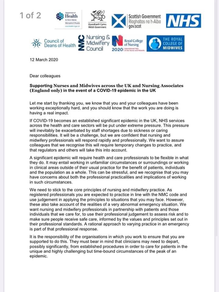 WeNurses's tweet photo. An update for nurses from a variety of bodies that may give you confidence to practice using your professional judgment should changing patient needs’ require it, whilst calling employers to support you to always be able to practice safely according to @nmcnews code. 
Please RT https://t.co/5m8ruhE9e8