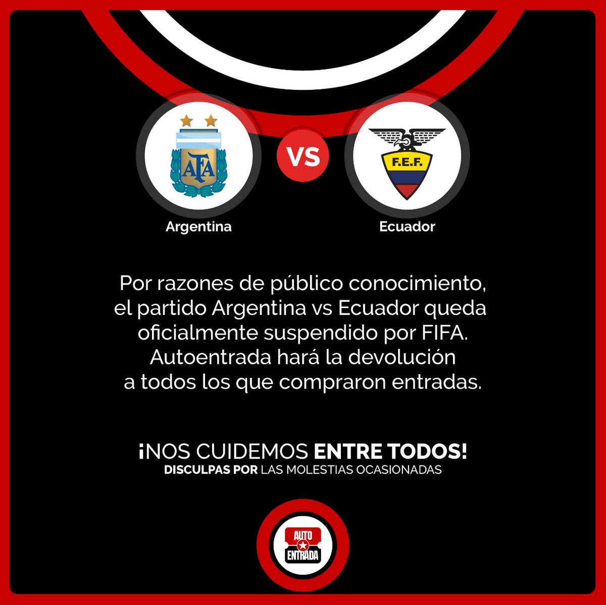 📝 ¡Comunicado Importante! 📝

INFORMACIÓN: Partido Argentina vs. Ecuador SUSPENDIDO. 🛑