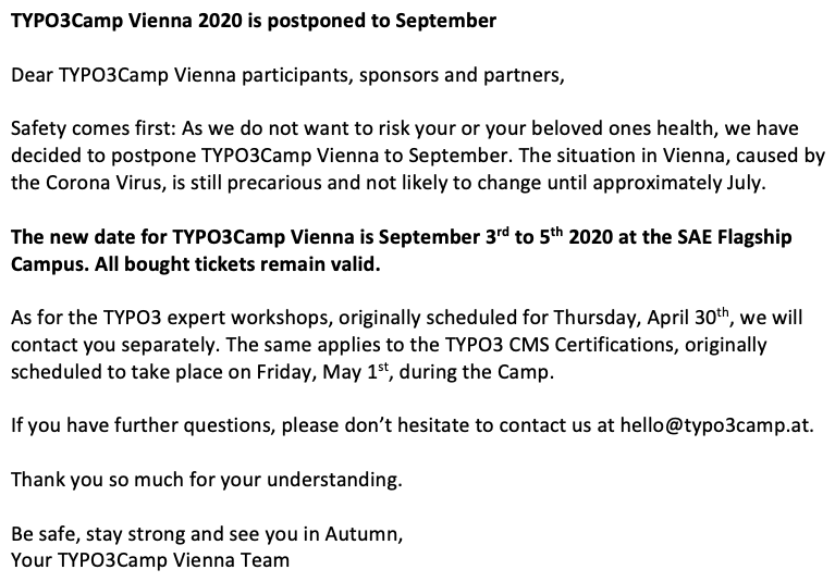 t3cvienna's tweet photo. Safety comes first: As we do not want to risk your or your beloved ones health, we have decided to postpone #t3cvie to Sept 3rd-5th 2020. Thank you for your understanding and see you in Autumn! https://t.co/KdMjklQKOQ