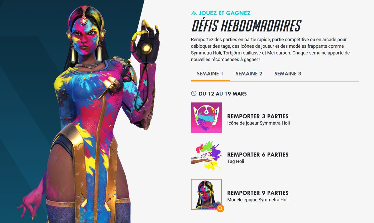 Débloquez le modèle épique Symmetra Holi sur #Overwatch jusqu'au 19 mars ! 

Référence à la fête des couleurs, cette fête religieuse hindoue marque la fin de l’hiver et le début du printemps, et est célébrée au cours de la pleine lune du mois de Phâlguna (février-mars) 🎨