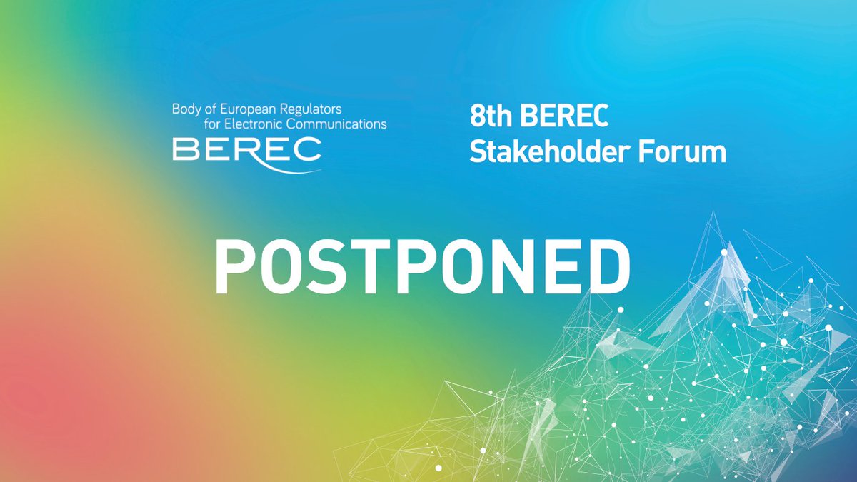BEREC has postponed 8th Stakeholder Forum. However, BEREC Chair invites to meet virtually on 1 April 2020 at 14:00 CET on <a href="/BERECeuropaeu/">BEREC</a> website. More information here: berec.europa.eu/eng/events/ber… #BERECforum