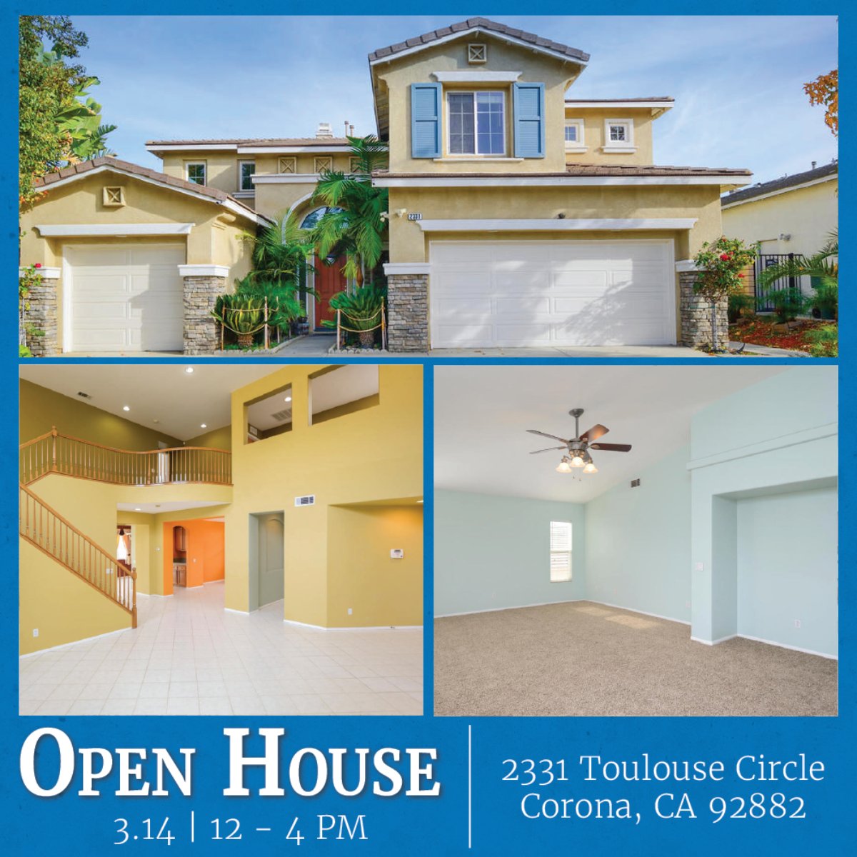 Open house rain or shine! Come see this stunning 5-bed, 3-bath home on March 14 from 12 to 4 PM. #openhouse #executivehome #SouthCorona