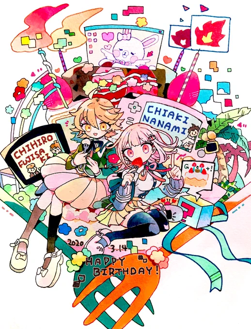 ちーたん&amp;七海ちゃんお誕生日おめでとう〜!大好き!🍰👾💻🌸
#七海千秋生誕祭2020
#不二咲千尋生誕祭2020 