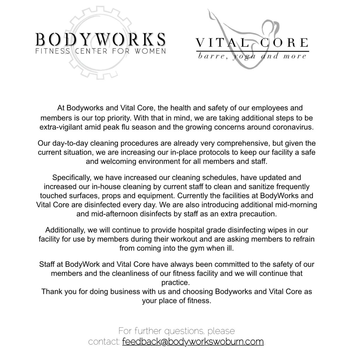BodyworksWoburn's tweet photo. At Bodyworks and Vital Core, the health and safety of our employees and members is our top priority. Please read our announcement below re: Coronavirus:
.
#bodyworks #bodyworkswoburn #vitalcore #coronavirus https://t.co/lekN0rAGUh