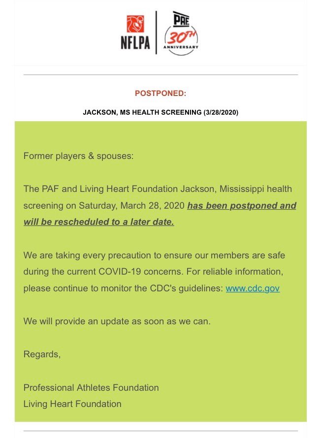 yourPAF's tweet photo. Reminder @NFLPAFmrPlayers: Our Jackson, MS health screening scheduled for March 28th has been postponed. Stay tuned for updates, and as always, take care of yourself and each other #yourPAF https://t.co/bbvrghNLpr