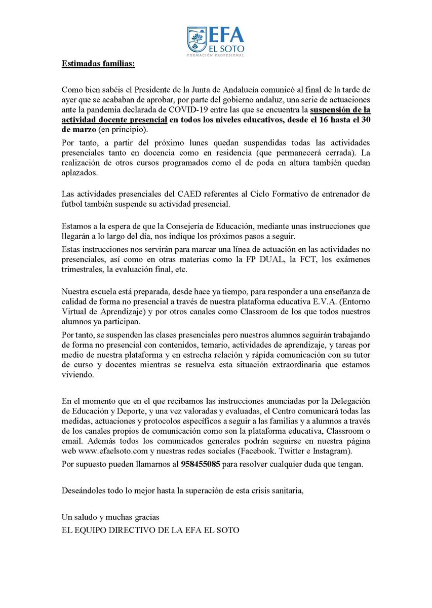Comunicado de la EFA EL SOTO ante la situación actual por el virus COVID-19