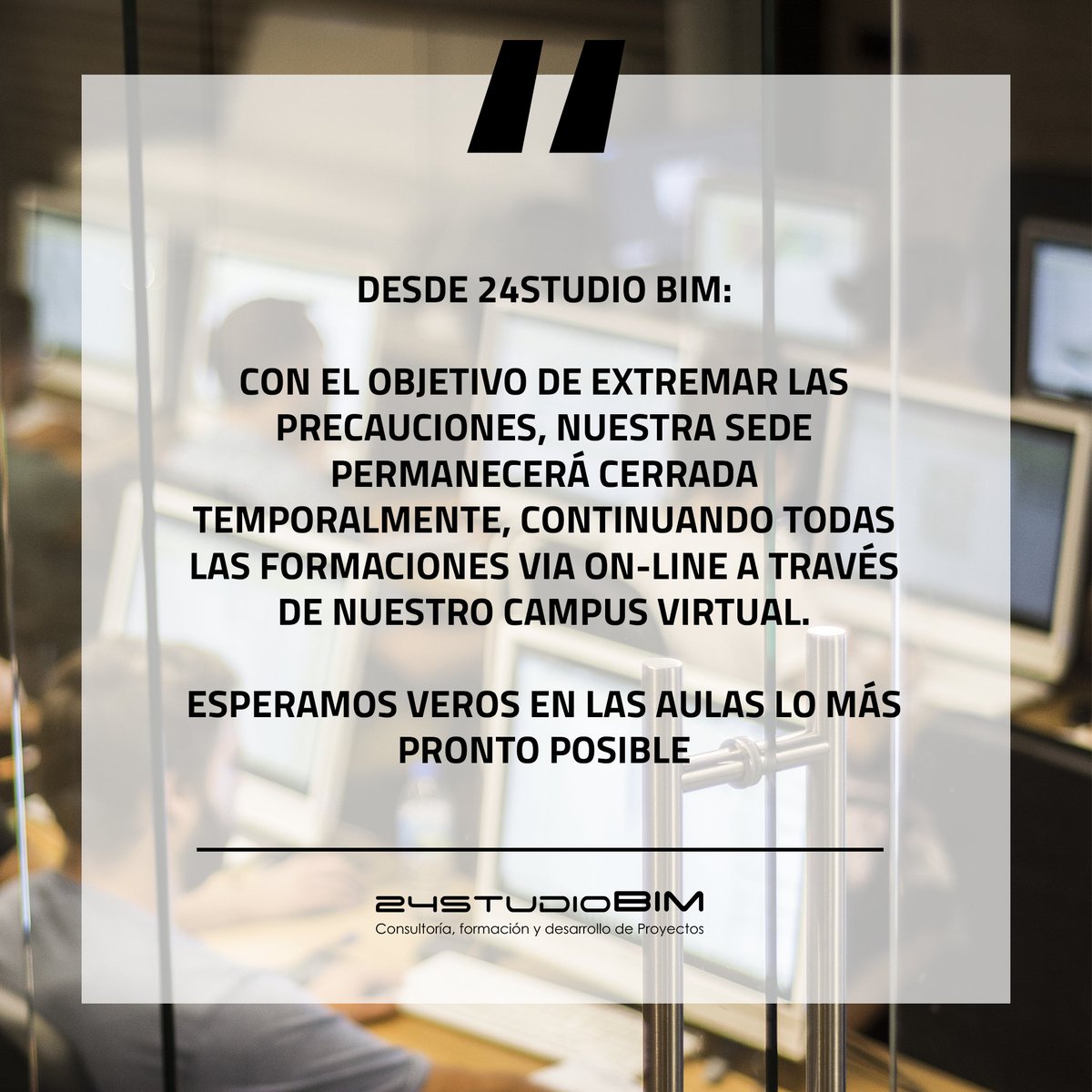 NUESTRA SEDE PERMANECERÁ CERRADA TEMPORALMENTE

👉 + info 912 32 50 50 / info@24studiobim.com
👉 Visita la web: 24studiolab.com
👉 Síguenos en <a href="/24studioBIM/">24studiobim</a>

#BIM #24studioBIM