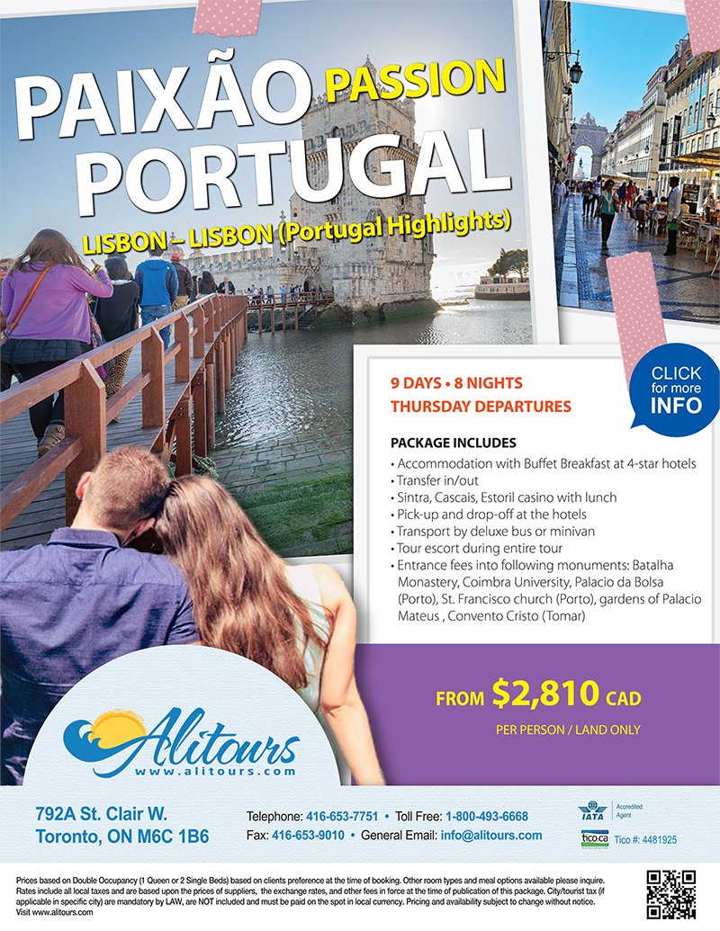 Alitours's tweet image. PAIXÃO PASSION PORTUGAL - Portugal Highlights
For more info see alitours.com or call 416-653-7751.
#portugal #europe #lisbon #vacation #tour #freedom #carrental #hotel #life #alitours #touroperator #toronto