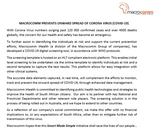 Macrocomm prevents onward spread of Corona Virus (COVID-19) #Macrocomm_sa #Smartmadesimple #iHealth #SouthAfrica #CoronaVirusSA #Covid_19 #publichealth #outbreak #pandemic #coronatesting #coronaprevention #diseasecontrol #WHO #CoronaVirusOutbreak #savinglives