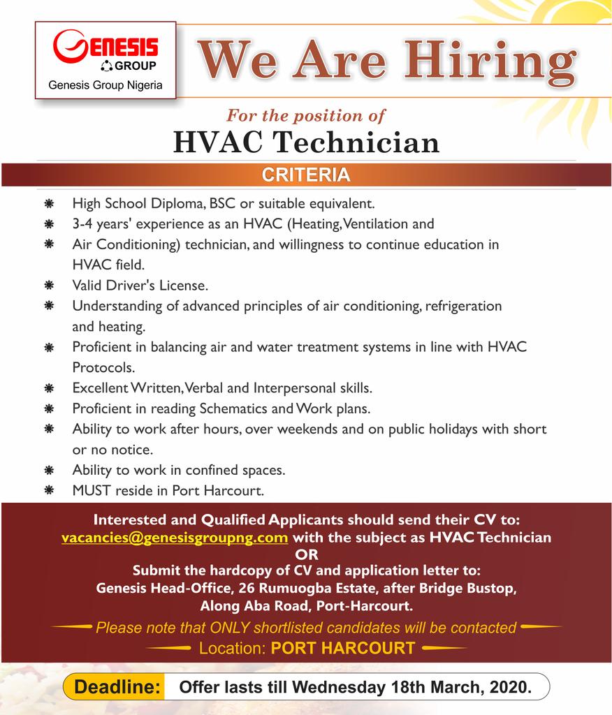 genesisgroupng's tweet photo. WE ARE HIRING! 
HVAC Technician - Port Harcourt.

Do you meet all the requirements and criteria outlined? Kindly apply, we need you on board. Thanks and good luck. https://t.co/rT0sHBli7k