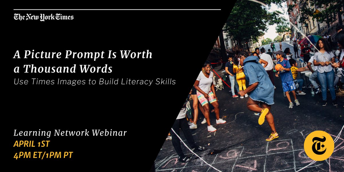 NYTimesLearning's tweet photo. The Learning Network's next webinar on April 1st will explore how to use image-based writing prompts in the classroom. Join us live or watch on-demand: https://t.co/BcyzWFBGhl #pictureprompts #teacherpd #nytlearning #writingmatters #multimedia https://t.co/a22rbxx8f0