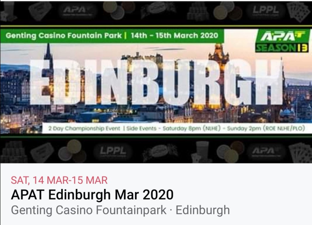 IrishTomBrady's tweet photo. I have today again spoken with Genting Fountain Park and as confirmed yesterday APAT Edinburgh is still going ahead. The casino are taking extra measures against Coronavirus including hand sanatisers throughout the casino and poker chips being washed / sanatised tonight 🥇🥈🥉 https://t.co/QSXwGZaaja