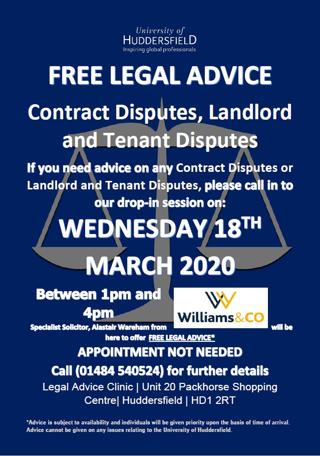 FREE Legal advice drop-in on Contract, Landlord and Tenant Matters on Wednesday 18th March between 1.00pm-4.00pm. <a href="/alastairwareham/">Alastair Wareham</a> from <a href="/WillCoSolicitor/">Williams & Co</a> will be here to answer all your questions. Appointments not needed, call in to see us at the Legal Advice Clinic