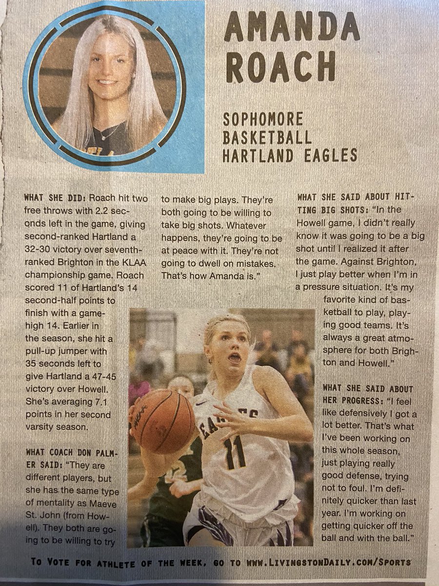 Mamaroach143's tweet photo. Thanks @LivCountySports and @BillKhan for the awesome feature of @amandalynroach as Prep Athlete of the Week! Thanks you to all who voted for her!! @hartlandbball #prepathleteoftheweek https://t.co/YzrJcWQdjJ