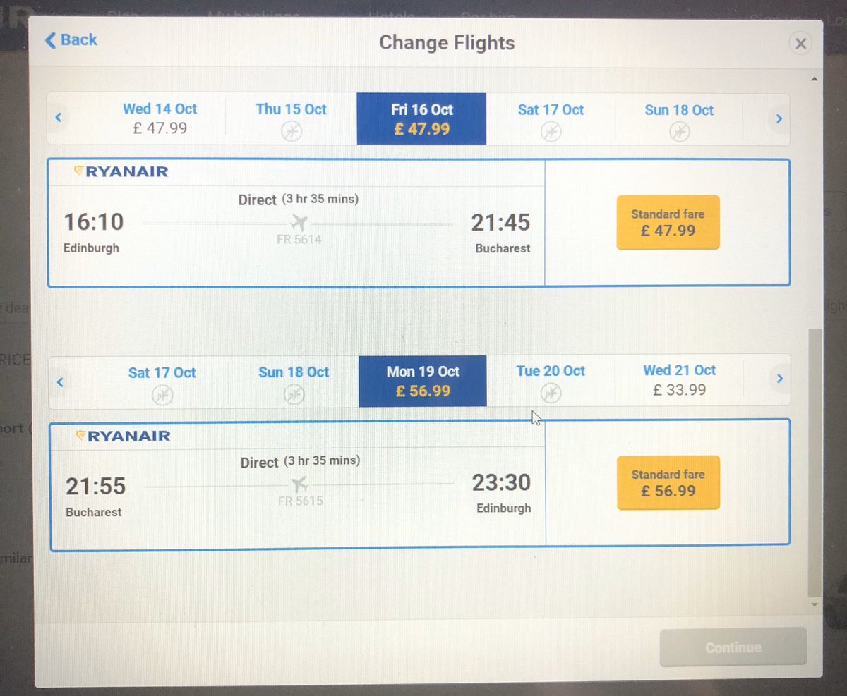 Lewis_McLean's tweet photo. @Ryanair We have flights that were booked for tonight and have been sitting for an hour trying to reschedule, the continue button greyed out after selecting our new dates. https://t.co/6QvIjuXBiw