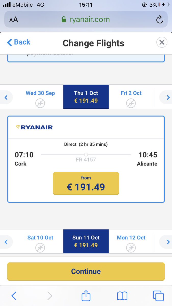 G__Nev's tweet photo. @Ryanair Only its not free of charge, the flights are SO MUCH dearer in the change flight option compared to a brand new flight search! Scandalous!!! A change fee would be cheaper!! First pic is in manage booking - second pic is brand new search. Exact same dates and destinations! Shame!! https://t.co/xIwzHR29dL