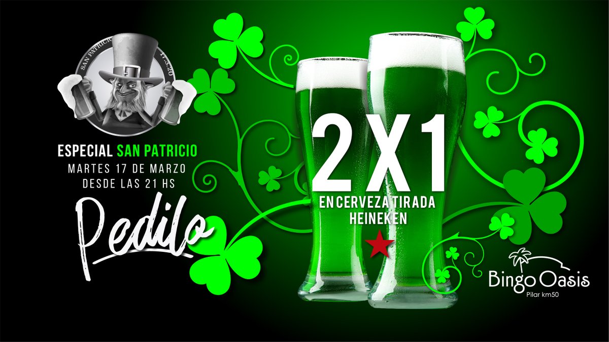 Disfrutá del especial de San Patricio en #BingoOasis. Este martes 17 de marzo vivilo con 2x1 en cerveza tirada Heineken y riquísimas promos gastronómicas que #BingoOasis trae para vos.

¡Te esperamos! Sólo en #BingoOasis