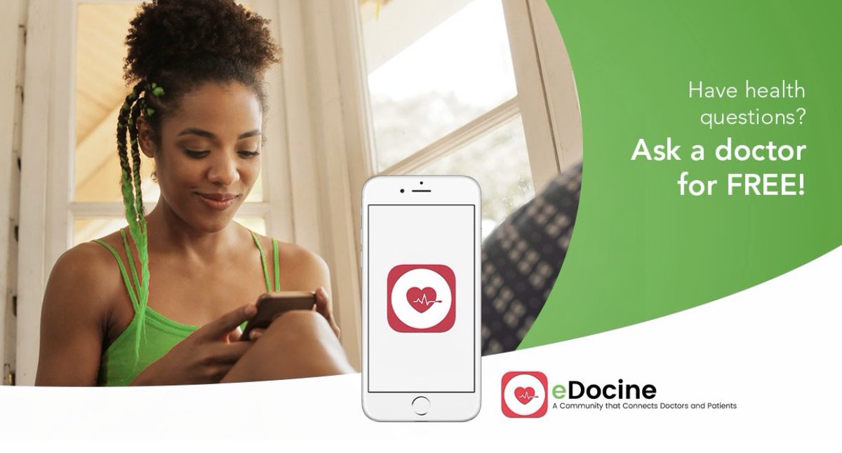eDocine's tweet photo. Ask a doctor a question for FREE with eDocine App! Download for FREE on your Apple and Android devices. For more info visit https://t.co/7T4VQfqf1D #amazing #teamedocine #JA https://t.co/eWd8fS7w6I