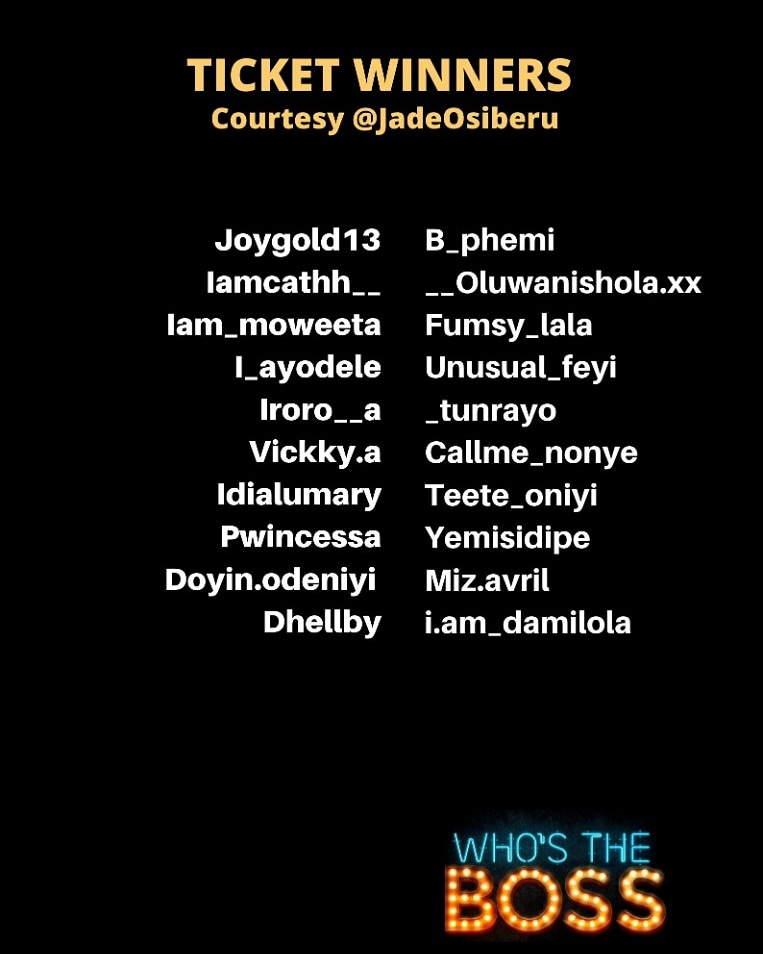 InkblotPresents's tweet photo. And we have our winners!๐๐บ
Congratulations to you all! you have won tickets to watch #WhosTheBossFilm courtesy @jadeosiberu
A dm will be sent to you shortly
#InkblotWTB #NazDirects https://t.co/9vBh3PS4KN