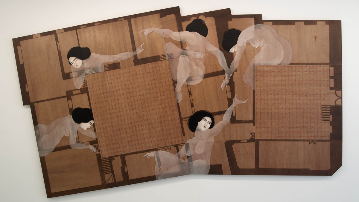 Paintings by Los Angeles-based Iraqi artist Hayv Kahraman, 2010s, known for her work addressing cultural diaspora, gender, the body, and her experience as a refugee