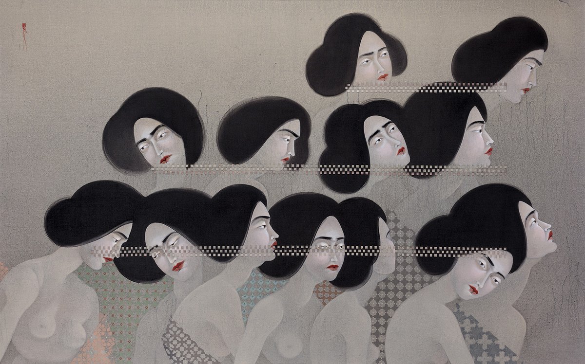 Paintings by Los Angeles-based Iraqi artist Hayv Kahraman, 2010s, known for her work addressing cultural diaspora, gender, the body, and her experience as a refugee