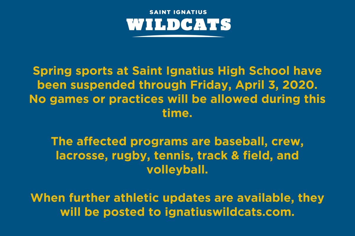 SIHSSports's tweet photo. NEWS: Spring sports at Saint Ignatius have been suspended through Friday, April 3, 2020.
#GoCats x #AMDG https://t.co/hEGRXuk7qB