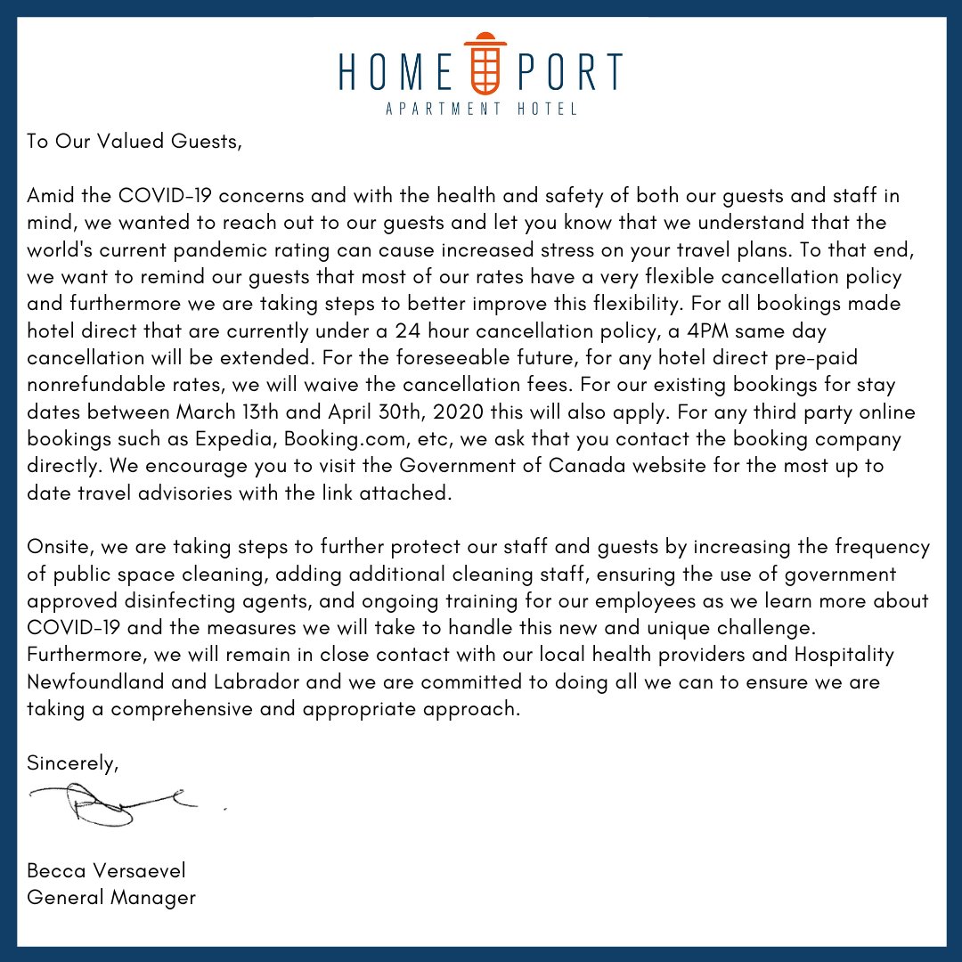 HomePortHotel's tweet photo. A Message from HomePort Apartment Hotel.

Government of Canada website:
https://t.co/iLPcl9PrQ3

For any questions or concerns please do not hesitate to reach out:
709-754-9822
reservations@homeporthotel.com https://t.co/hUclO1SI4A