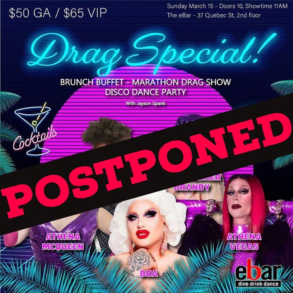 Okay, one guess as to why it's been postponed.
But, the good news is, it is only postponed. It will happen! Once we know more, we'll let you know! @athenamcqueen  @jaysonspank #downtownGuelph #dragbrunch #CoronaVirus