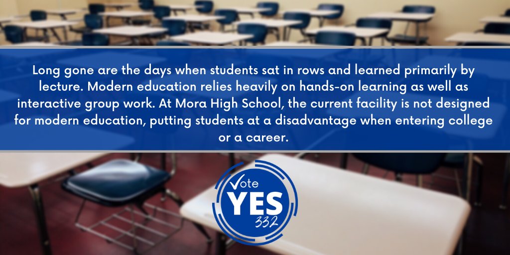 voteyes332's tweet photo. Long gone are the days when students sat in rows and learned primarily by lecture. At Mora High School, the current facility is not designed for modern education, putting students at a disadvantage when entering college or a career. #VoteYes #May12 #moraschools #MoraMN https://t.co/7hk3yxHNSy