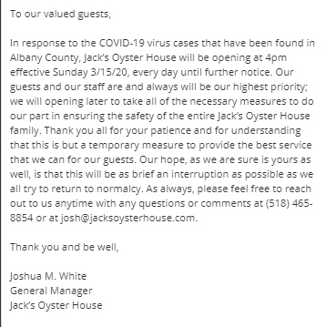 To our valued guests,
Our response to the COVID-19 virus cases that have been found in Albany County.