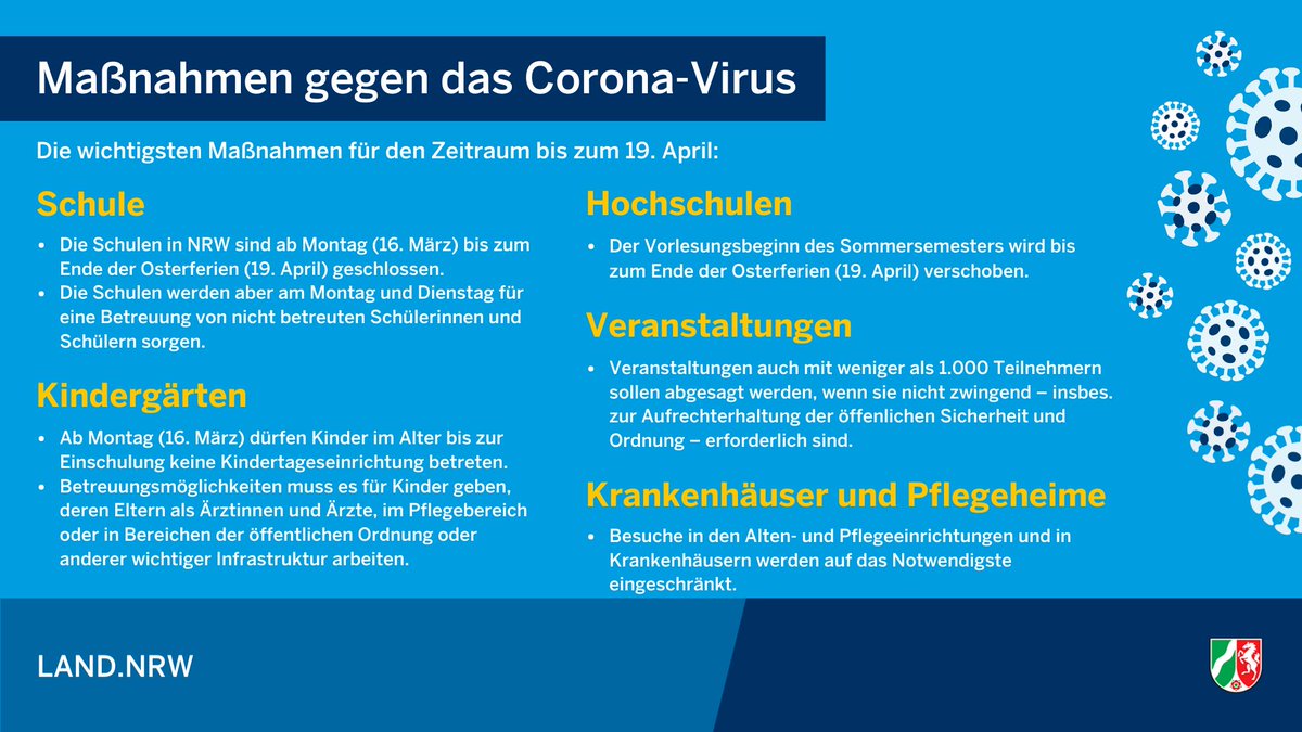 Die wichtigsten Maßnahmen der #Landesregierung Nordrhein-Westfalen zur Eindämmung des #CoronaVirusDE  im Überblick. #NRW #coronadeutschland #coronavirusdeutschland