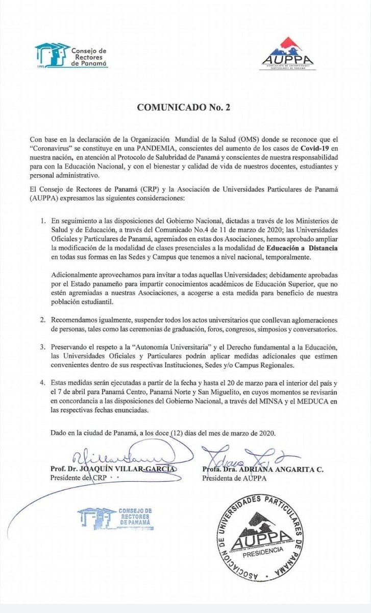 Comunicado del Consejo de Rectores de Panamá (CRP) y la Asociación de Universidades Particulares del Panamá (AUPPA) #COVID19 #Panama