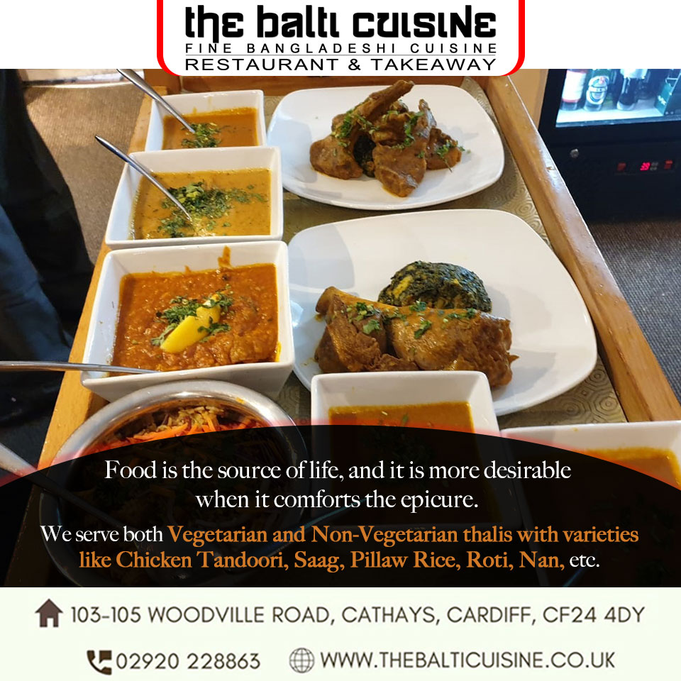 At The Balti Cuisine, you can enjoy the richness of authentic spices and preparation in the form of our ‘thalis’.
We look forward to your presence!

#thalis #curry #hot #cardiff #thebalticuisine #spices #booknow #taste #delicious #legend