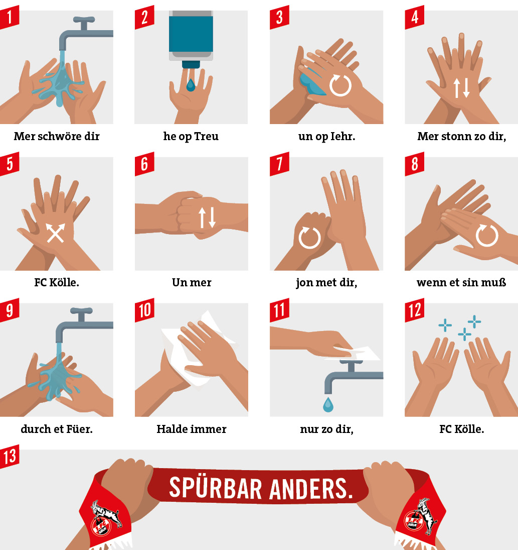 fckoeln's tweet photo. 🧼👏Mit gründlichem Händewaschen von mindestens 20 Sekunden lassen sich laut @bzga_de Keime und Erreger einer Infektion an den Händen auf bis zu ein Tausendstel senken. 20 Sekunden entsprechen in etwa dem einmaligen Singen des Refrains der #effzeh-Hymne. https://t.co/pQesXDU8vi
